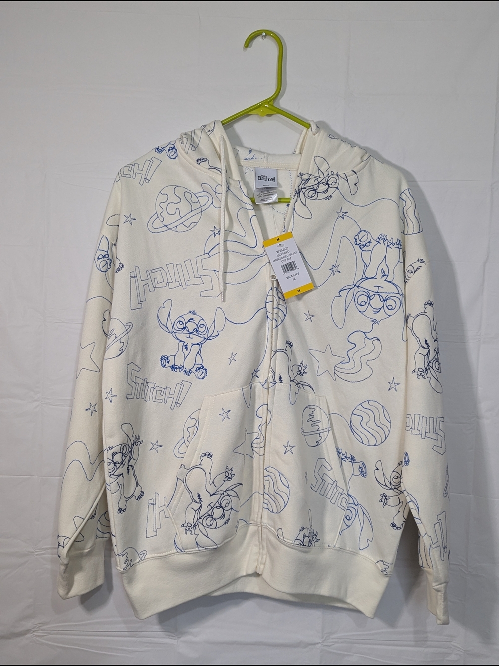 Disney Stitch Embroidered Full Zip Hoodie Women's Medium NWT Cream All Over Zip